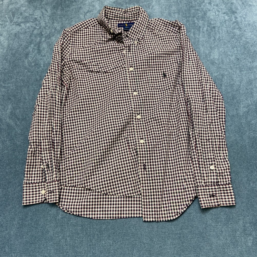 Ralph Lauren Shirt Men's L 14-16 White Blue Plaid Long Sleeve Logo Button-Down